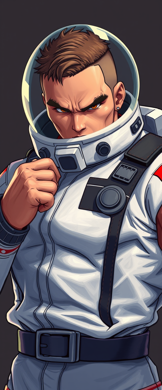 A fighter man wearing a space suit from Street Fighter original art, illustration art style.