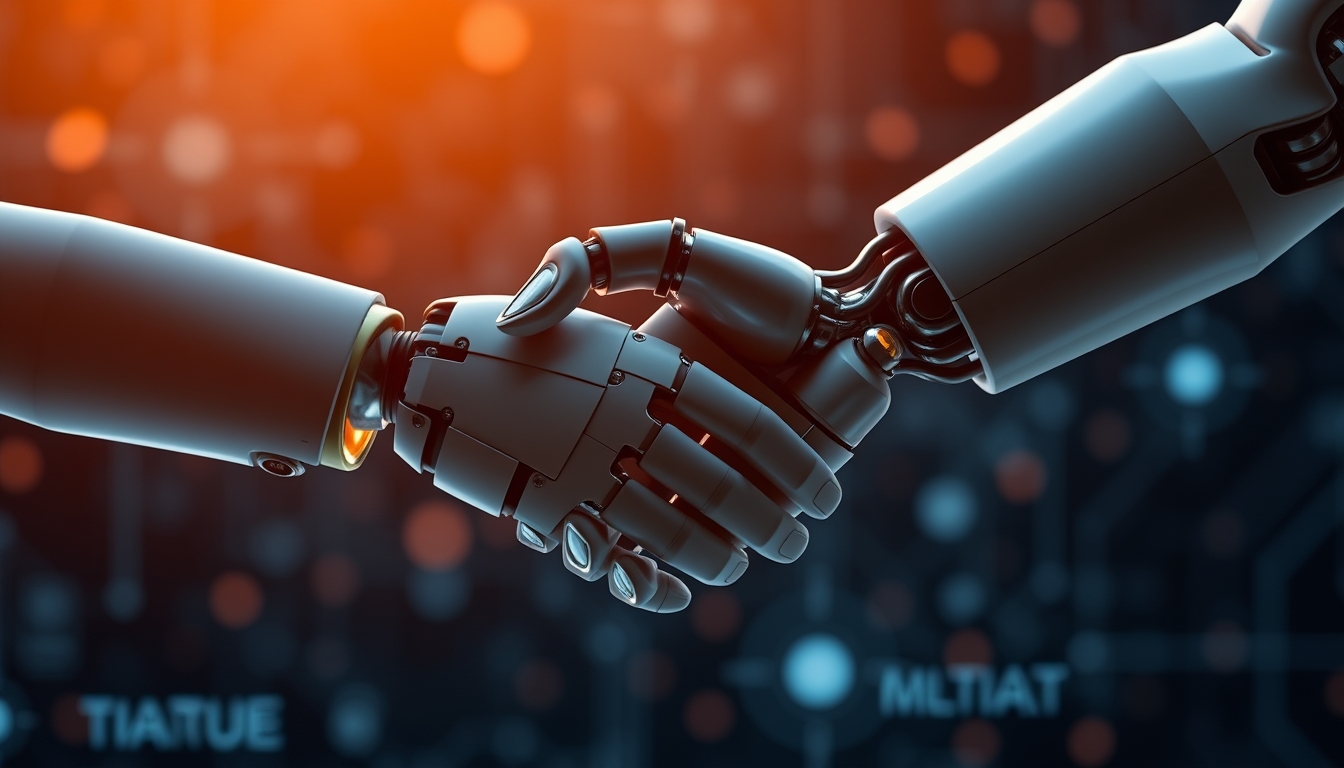 The handshake of a robot with a human background artificial intelligence and digital transformation. - Image