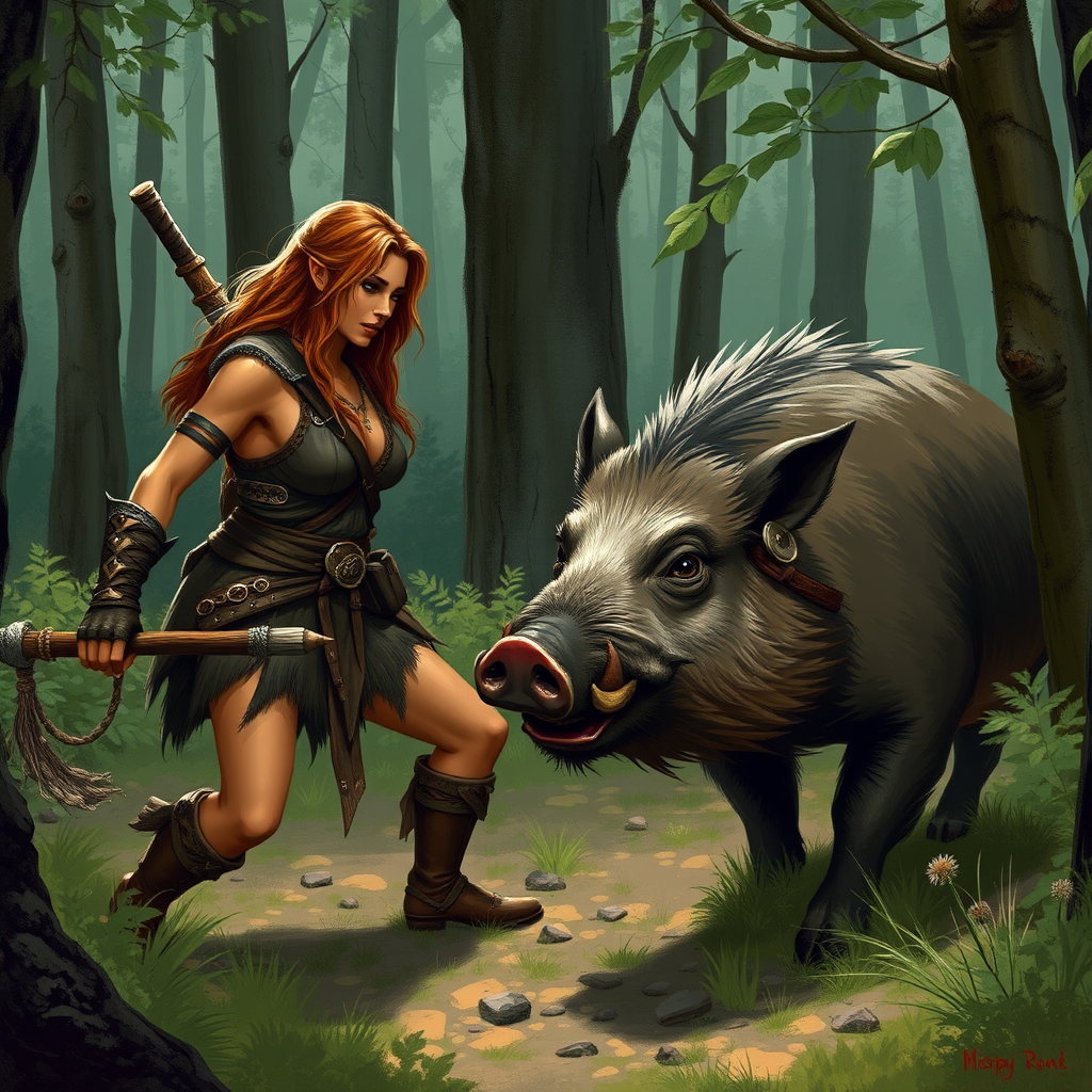 In the forest, a female barbarian encounters a wild boar.