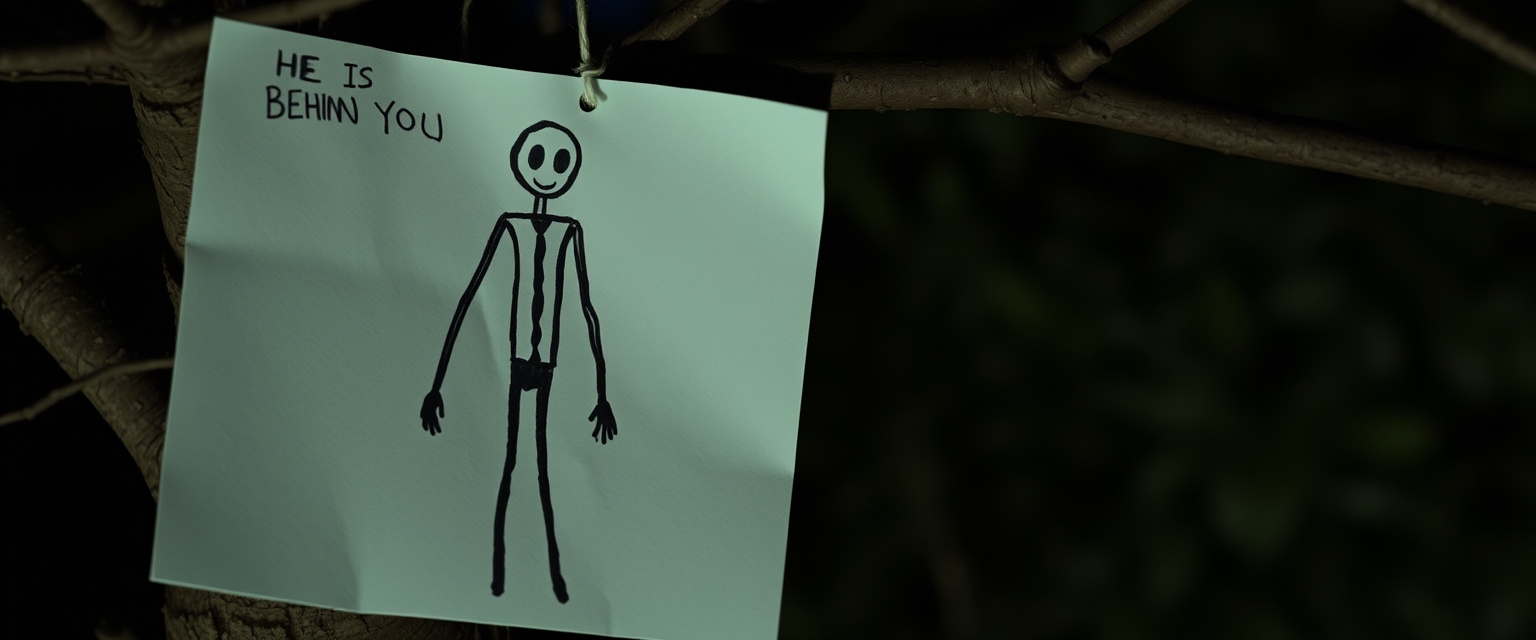 A hand-drawn slender man on paper and a handwritten text that says "HE IS BEHIND YOU," attached to a tree branch, in the middle of the night.