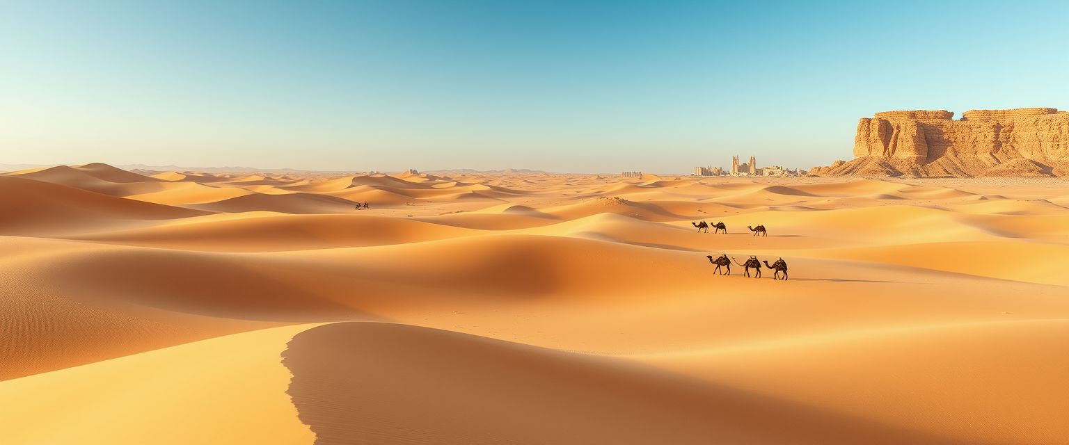 Vast, arid desert, golden sand dunes, endless horizons, high quality, photorealistic, tranquil, remote, camel caravan, nomadic, breathtaking, clear blue sky, oasis, solitude::1.2 cacti, desert flowers, rugged rock formations, starry nights, sandstorms, ancient ruins, dune bashing. - Image