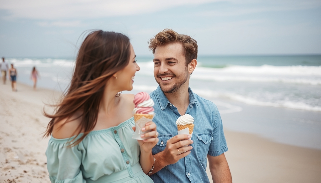 Beachside delight with a young couple and their ice cream. - Image