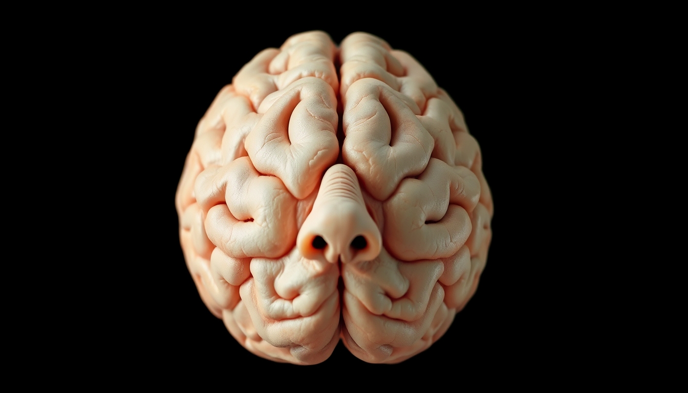 A brain with white matter and a face with a white nose. - Image