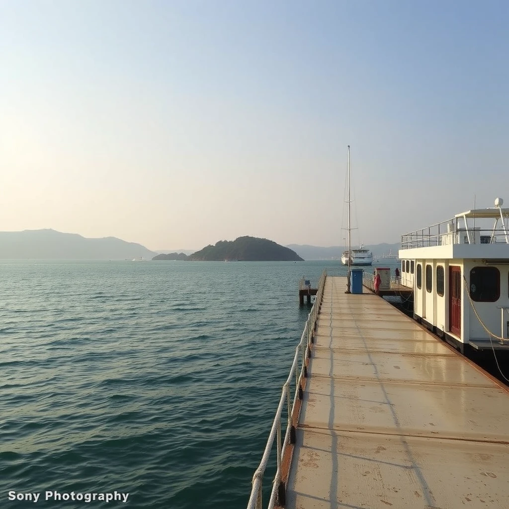 Hong Kong Chung Chau Island, morning sunlight, pristine dock, ocean, high-definition, Sony photography, realistic style. - Image