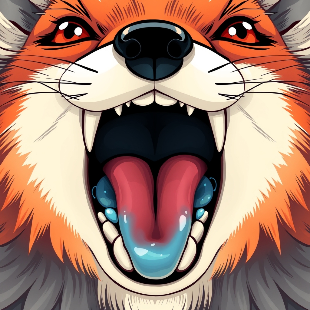 'Furry art style, cartoon style, depict the details of the fox's mouth, details of the throat, the throat should be bright, details of the teeth, details of the saliva, the whole mouth is filled with it.' - Image