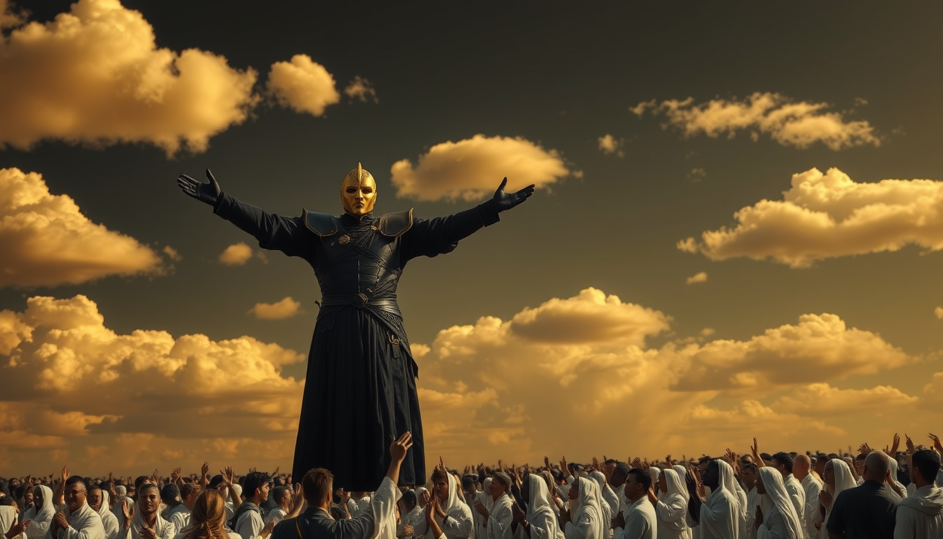 A man dressed in pure black armor, wearing a daunting golden mask, is suspended in the pitch-black sky with arms outstretched, as if a true deity has descended. The sky is adorned with clouds made of gold, varying in size. On the ground, a large crowd of people dressed in white robes are worshipping and paying homage to him.