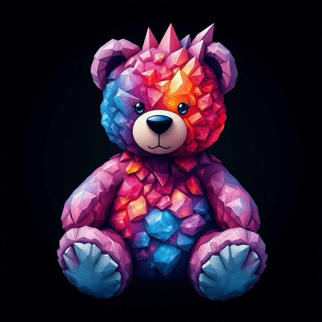 A tee shirt design of a teddy bear whose entire body, ears, and head are perfectly made of a beautiful jagged mineral that looks reminiscent of the universe with uneven colorful shards sticking out. Striking and beautiful, with deep blues and purples contrasting with vibrant reds and orange. - Image