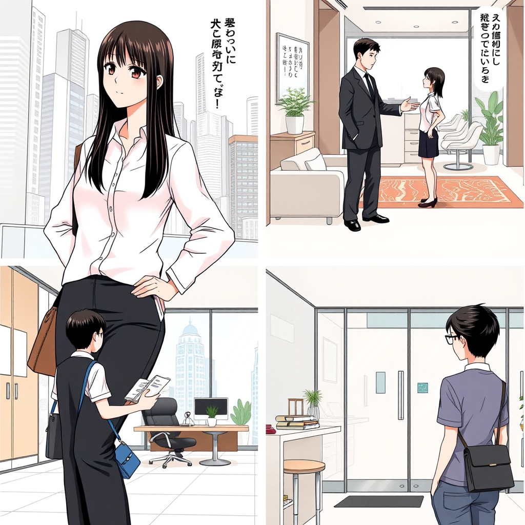 4 panels in Japanese manga style. In each frame, the characters are:

Main Character: Anna
Gender: Female
Age: 30 years old
Body type: Slim
Skin color: Fair
Hairstyle: Straight long hair
Hair color: Black
Eye color: Brown
Outfit: Formal workplace attire (white shirt and black dress pants)
Accessories: Handbag
Personality: Positive, confident, witty

Supporting Character: Xiao Li
Gender: Male
Age: 35 years old
Body type: Average
Skin color: Fair
Hairstyle: Short hair
Hair color: Brown
Eye color: Black
Outfit: Casual wear (blue jeans and T-shirt)
Accessories: Glasses
Personality: Helpful, reliable, humorous

{Top Left Corner}
Medium shot
Anna stands in front of a real estate office, confidently looking at the entrance.
Hands on hips, smiling
The background shows a modern cityscape with tall buildings.

{Top Right Corner}
Wide shot
Anna and Xiao Li enter the office, and the real estate agent greets them.
The scene features an elegantly decorated office interior, with a sofa and tables in the reception area.

{Bottom Left Corner}
Medium shot
Anna and Xiao Li sit at a table, while the real estate agent presents property information.
Anna looks attentively at the materials, while Xiao Li nods.
The scene shows several property documents and a computer on the table.

{Bottom Right Corner}
Background shot
Anna and Xiao Li are preparing to leave the office.
Anna and Xiao Li are facing away from the camera.
The background shows the office's main entrance. - Image