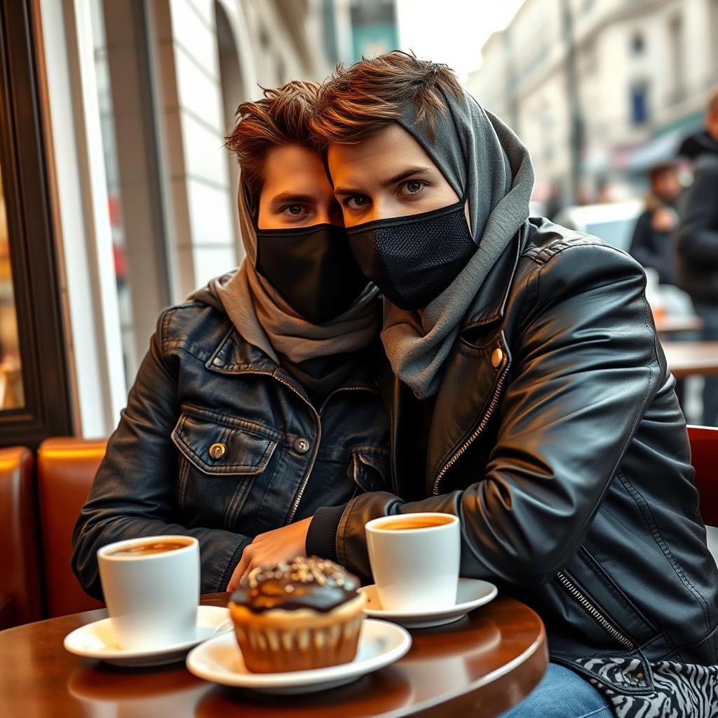 Jamie Dornan's head and body shot, handsome, black face mask, blue jeans jacket, jeans, dating a Muslim girl with a grey hijab, beautiful eyes, black face mask, black leather jacket, biggest zebra-patterned skirt, at a cafe, 2 cups of latte, muffin cake, chocolate donut on a table, photorealistic, hyper-realistic, street photography, selfie. - Image