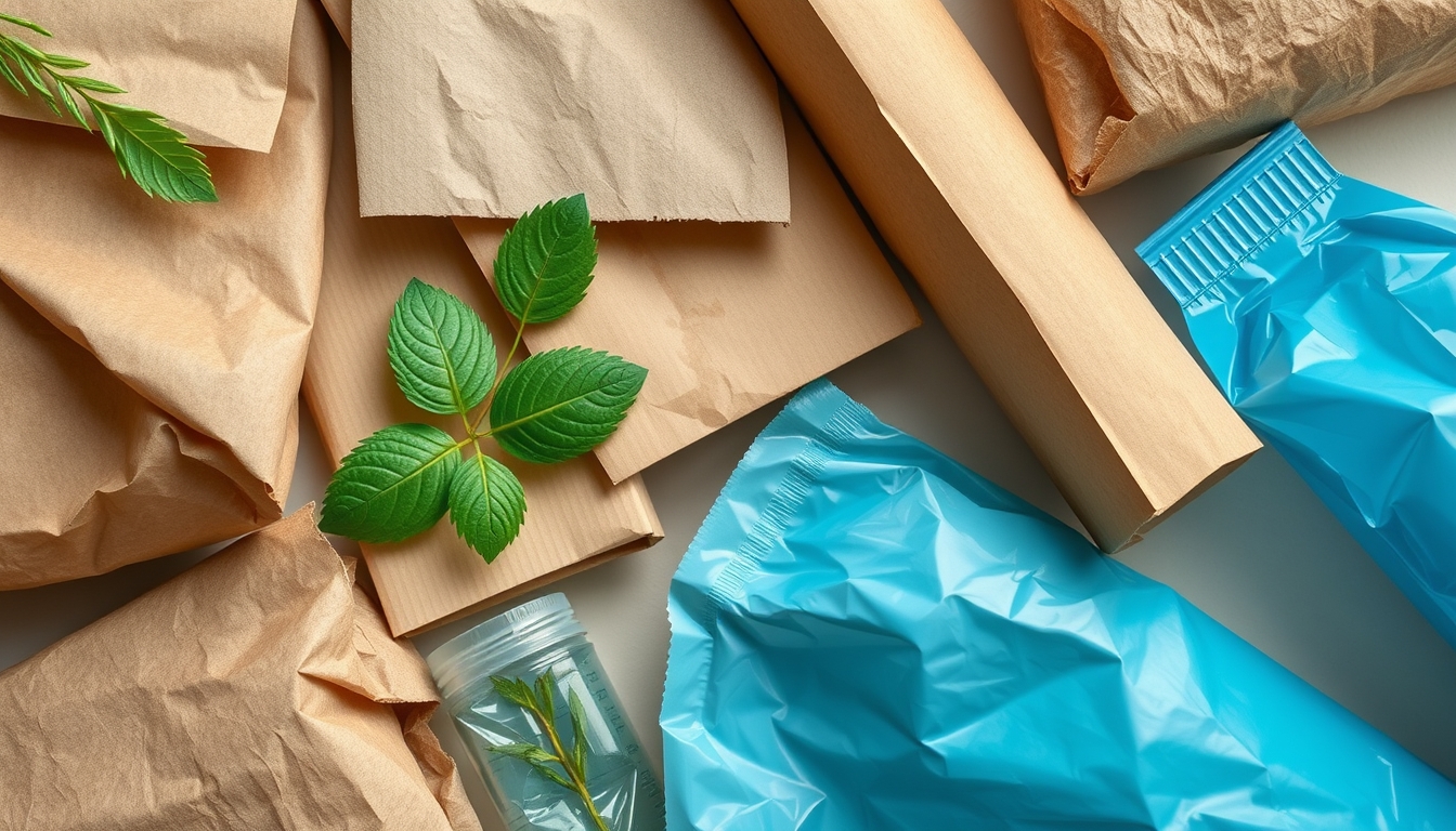 A detailed close-up of sustainable packaging materials, including cardboard, paper, and biodegradable plastics, arranged aesthetically on a neutral background.