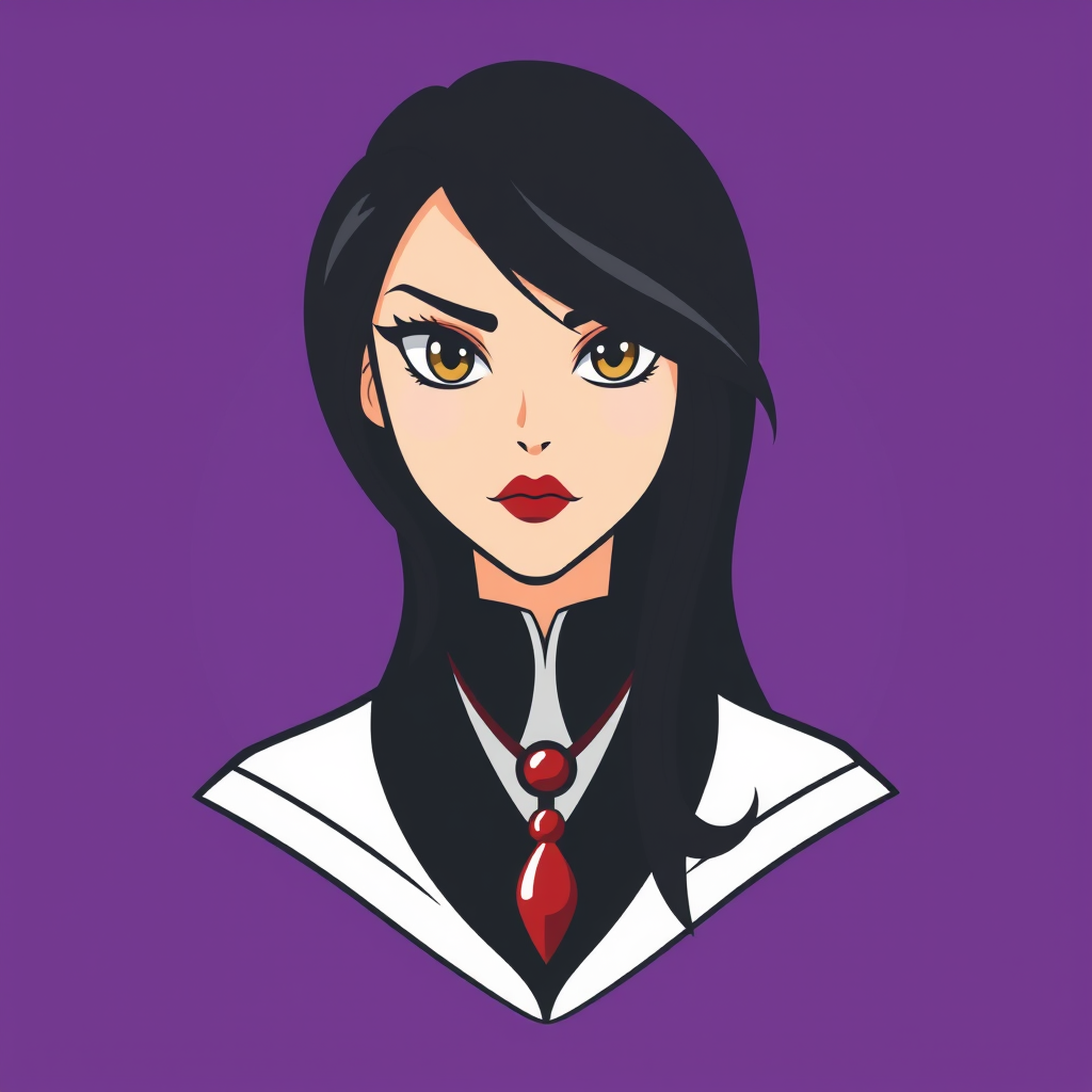 A basic simple vector logo of a beautiful female character with hazel brown eyes, long, dark black hair, wearing a black and white outfit with a red pendant necklace, and a serious face with red lipstick, on a purple background. - Image