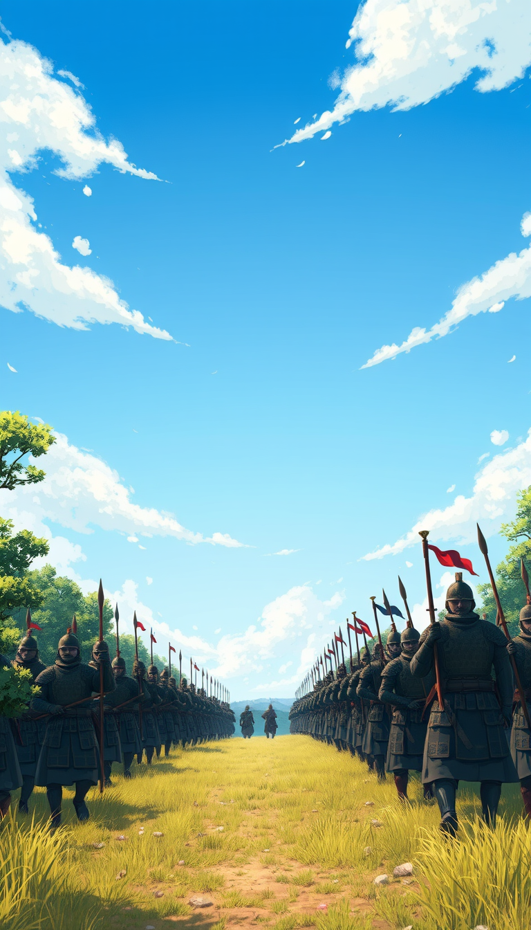 The army, dressed in Song Dynasty armor, emerges from the forest into an open plain under a clear blue sky. The soldiers are seen cheering and celebrating, relieved to be safe. The scene is captured in a manga style. - Image