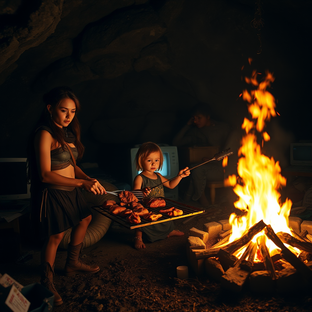 Real-life photography: At night, in the cave, there is a female barbarian and a child grilling meat over an open flame. The cave is very large, with a bonfire, a 90s desktop computer, and some messy household items.