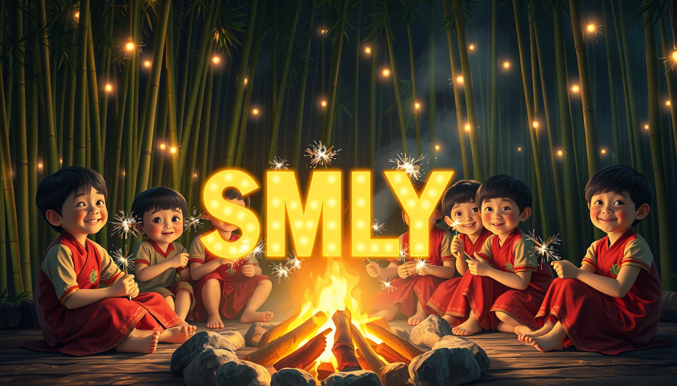 A digital painting of a group of Vietnamese children in traditional clothing sitting around a campfire at night. The children are holding sparklers and smiling. The background is a bamboo forest with lights hanging from the trees. The letters "SMLYT" are prominently displayed and illuminated in the center, like a movie screen.