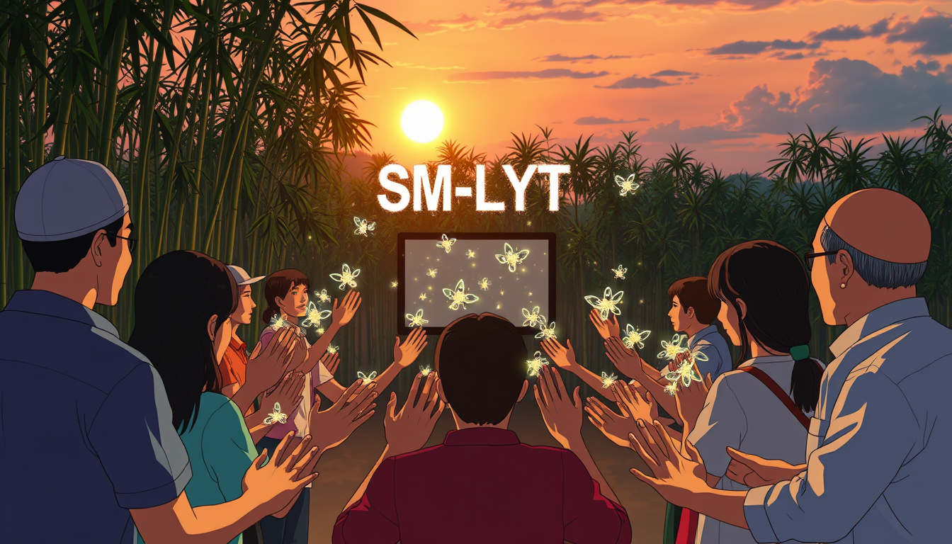 Anime style of a group of Vietnamese villagers from various walks of life - farmers, teachers, students, and elders - gather in a clearing surrounded by bamboo groves. They face a glowing screen, their hands extended in unison. Firefly-like lights dance from their palms, converging to form a shimmering "SM-LYT" above their heads. The sunset casts a warm glow on the scene, highlighting the strong sense of community and shared purpose. - Image