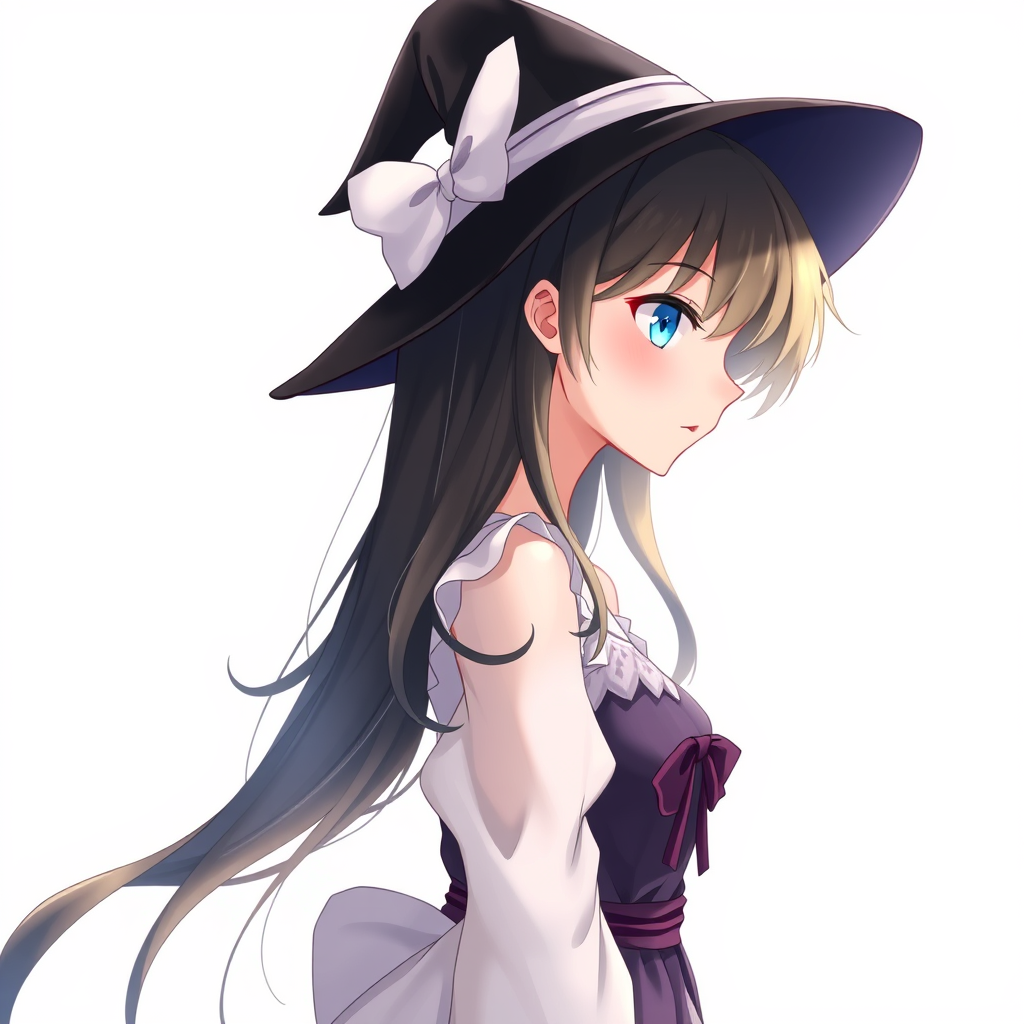 Anime art of a motherly woman witch, close-up, hairstyle, witch dress, natural reflective, detailed body, standing, white background, anime artwork, illustration quality, soft shadows.