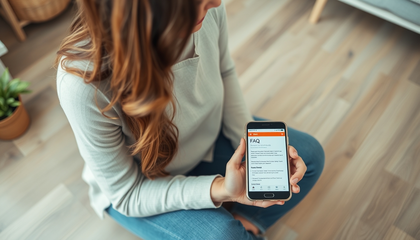 The woman sits questioning on the floor. The floor is laminate. She is looking at the FAQ page of LaminatDEPOT on her phone.