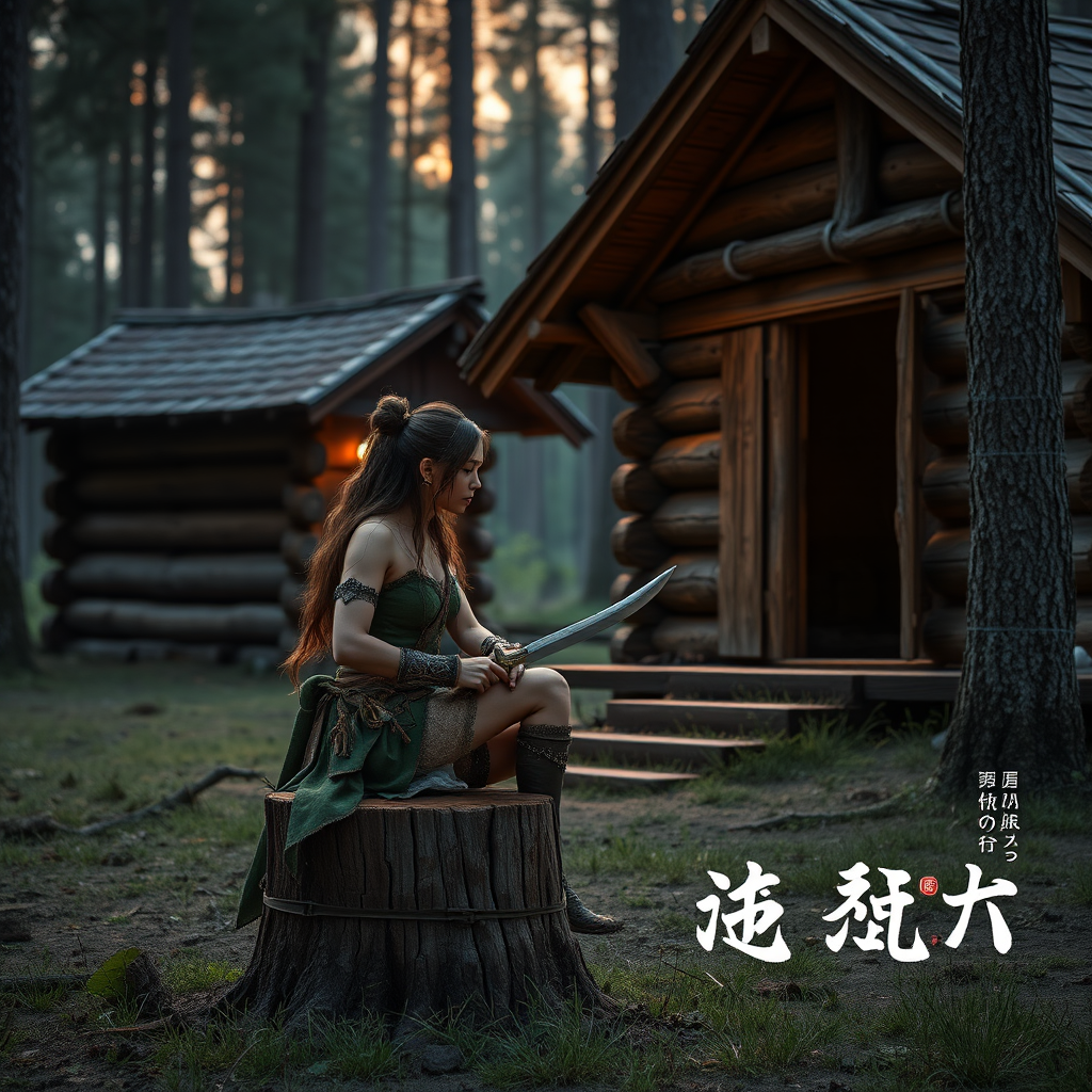 Real-life photography: In the evening, in the forest, there is a wooden cabin, and next to it, a female barbarian is sitting on a wooden stump, holding a dagger and looking at it. There are Chinese characters or Japanese characters.