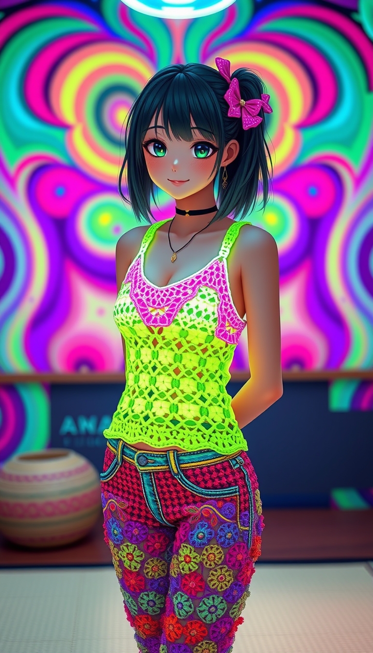 Photo of cute kawaii anime woman, psychedelic, colorful and fluorescent background, wearing colorful glowing fluorescent crochet tank top with colorful crochet jeans, in a tatami studio --ar 4:5 --style raw --v 6.1 - Image