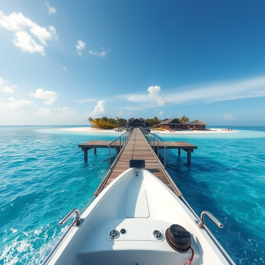 Realistic first-person view of the Maldives, unreal engine 5, with HUD, life simulator, he arrives by boat and disembarks on the jetty, clear blue water, you can see houses and the beach where people are vacationing in the distance.