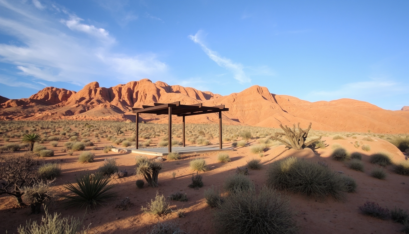 A dramatic desert landscape with a glass pavilion offering shade and shelter. - Image