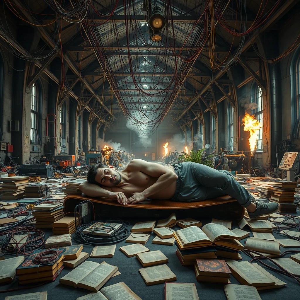 A real-life photograph, wide shot, of a handsome man with a good physique sleeping in a large hall. The hall has some books scattered messily, and many wires of varying thicknesses are on the floor and in the air, including red, blue, yellow, and other colors. Additionally, there are some machines emitting steam and fire. The lighting is dim, and there are some plants.