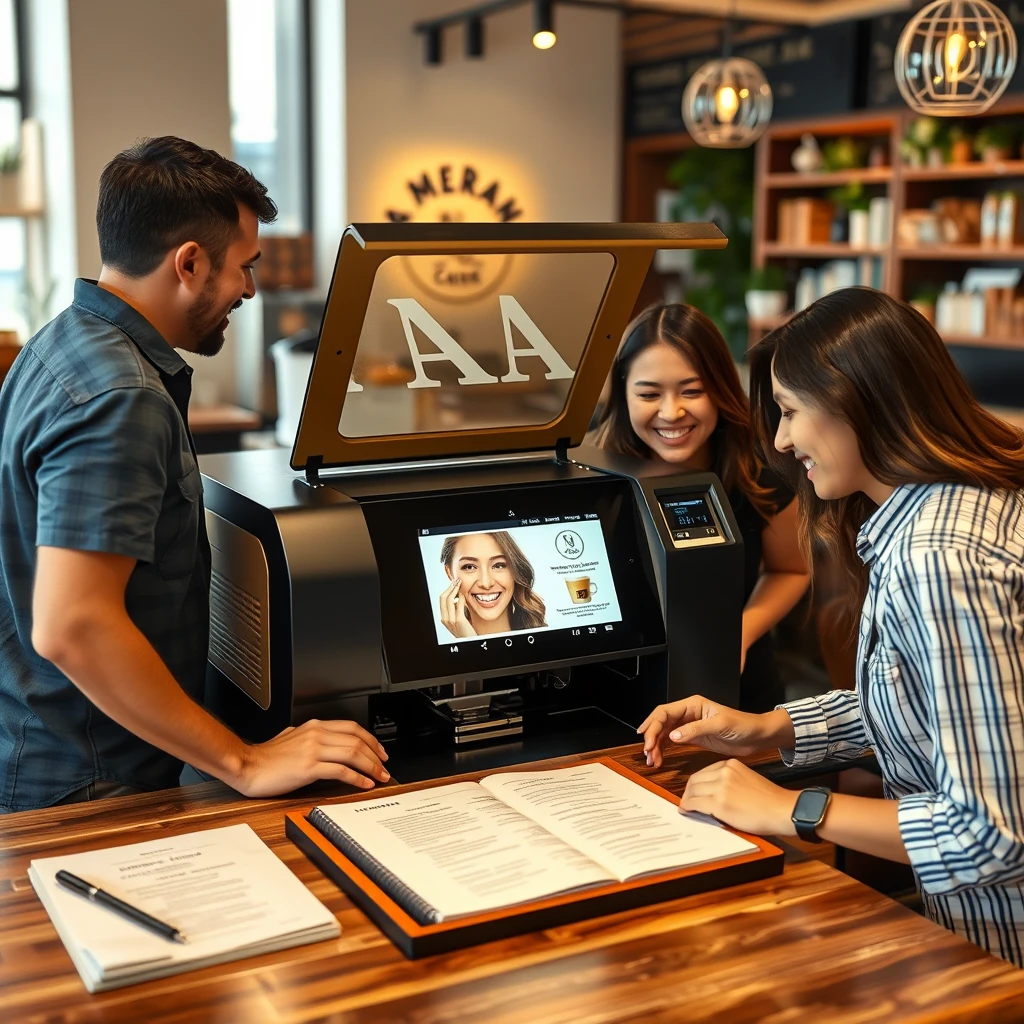 LASER MARKING MACHINE IN CAFÉ WITH SMILING PEOPLE USING HOMEPAGE IMAGE - Image