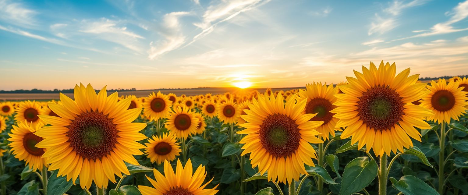 Vibrant, sunflower fields, golden blooms, high quality, photorealistic, summer, cheerful, idyllic, rural, panoramic, breathtaking, blue skies, windblown fields, sunset, floral arrangements.