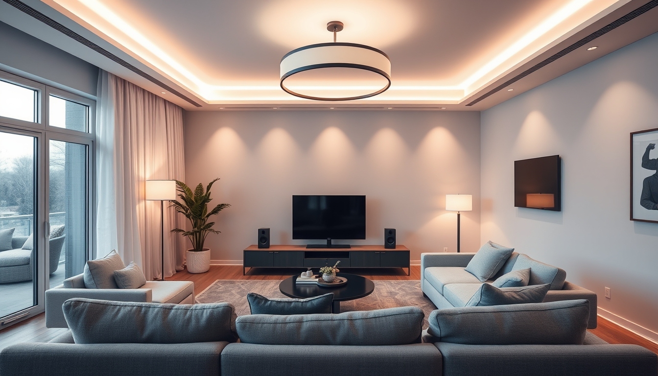 A high-tech living room with voice-activated lighting, smart speakers, and a sleek, minimalist design, all controlled by a smartphone.