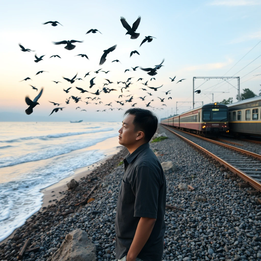 At the beach in Sri Lanka, in the evening, a Chinese man in his 30s stood on the beach, with the sea on one side and the railway on the other. A train was passing by on the railway. The man looked into the distance, a flock of crows flew over his head, and there were a few fishing boats on the sea. I want a picture with a size of 1920*1080.