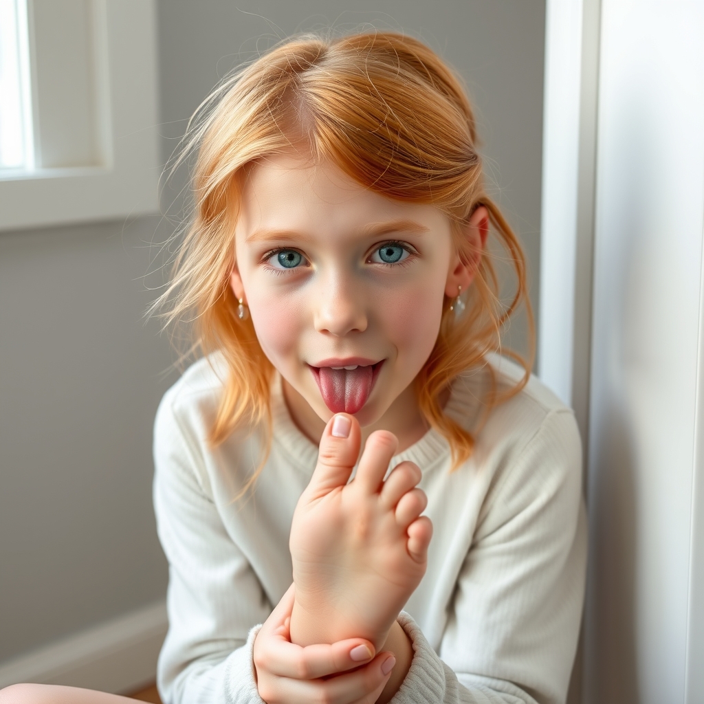 a cute white teenage girl with ginger hair and green eyes licking her own foot