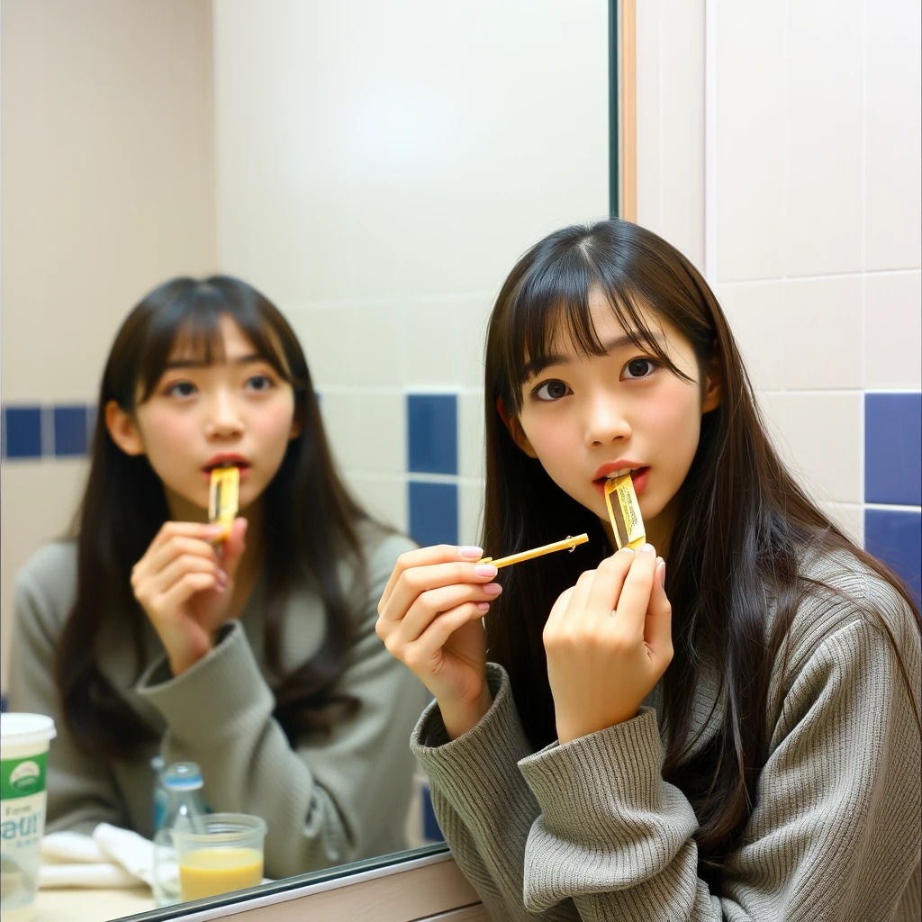 A young woman is eating while looking in the mirror. Note, she is Japanese.