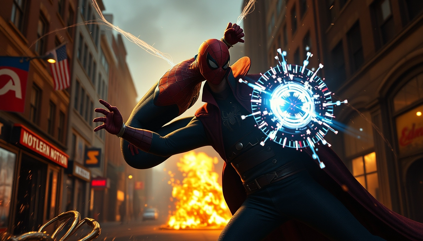 Spiderman fighting Doctor Strange, lighting, sparks, fire, destruction, streets, cinematic lighting, full body shot, hyperrealistic, quality, art style, Vincent Van Gogh.