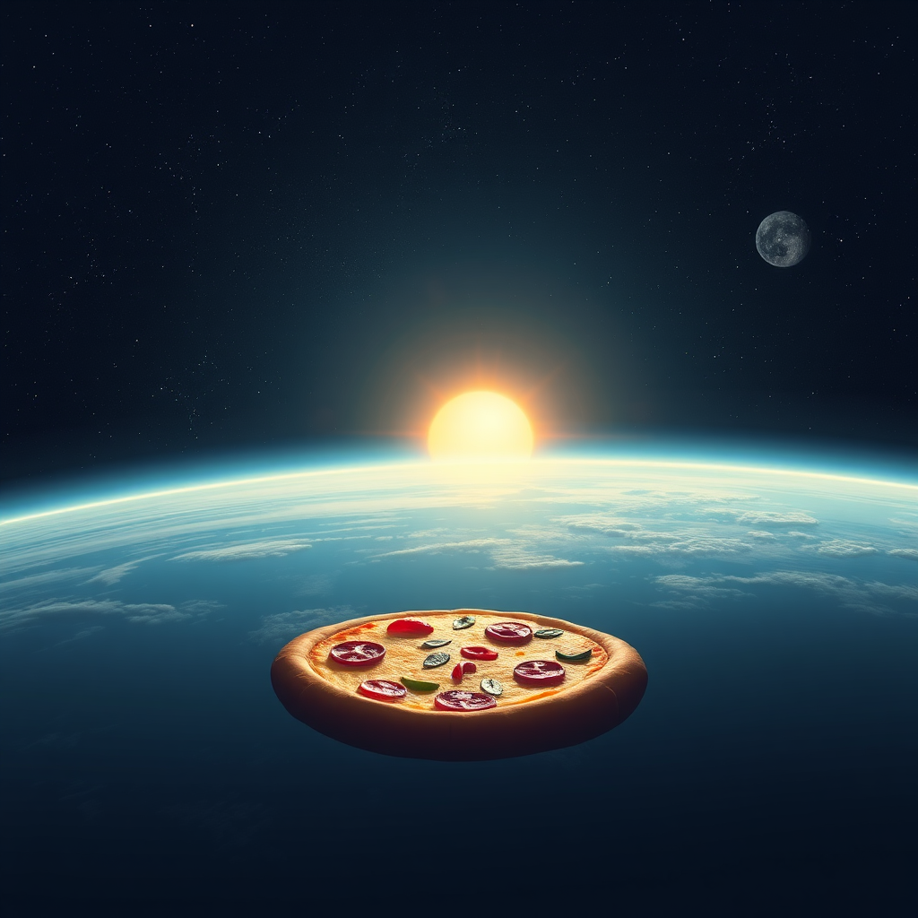 "A planet like a pizza, in space, with the sun in the distance."