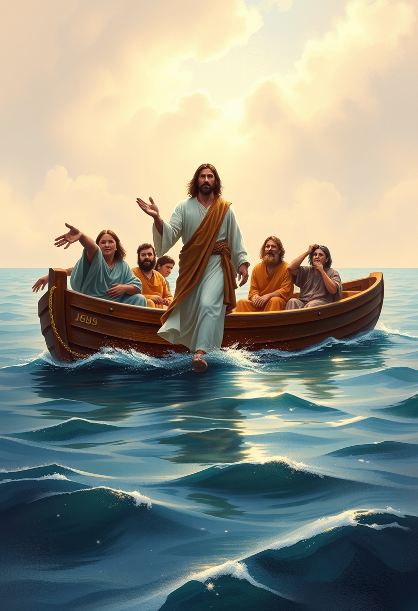 Depict Jesus walking calmly on water, with surprised disciples in a boat witnessing the miracle.