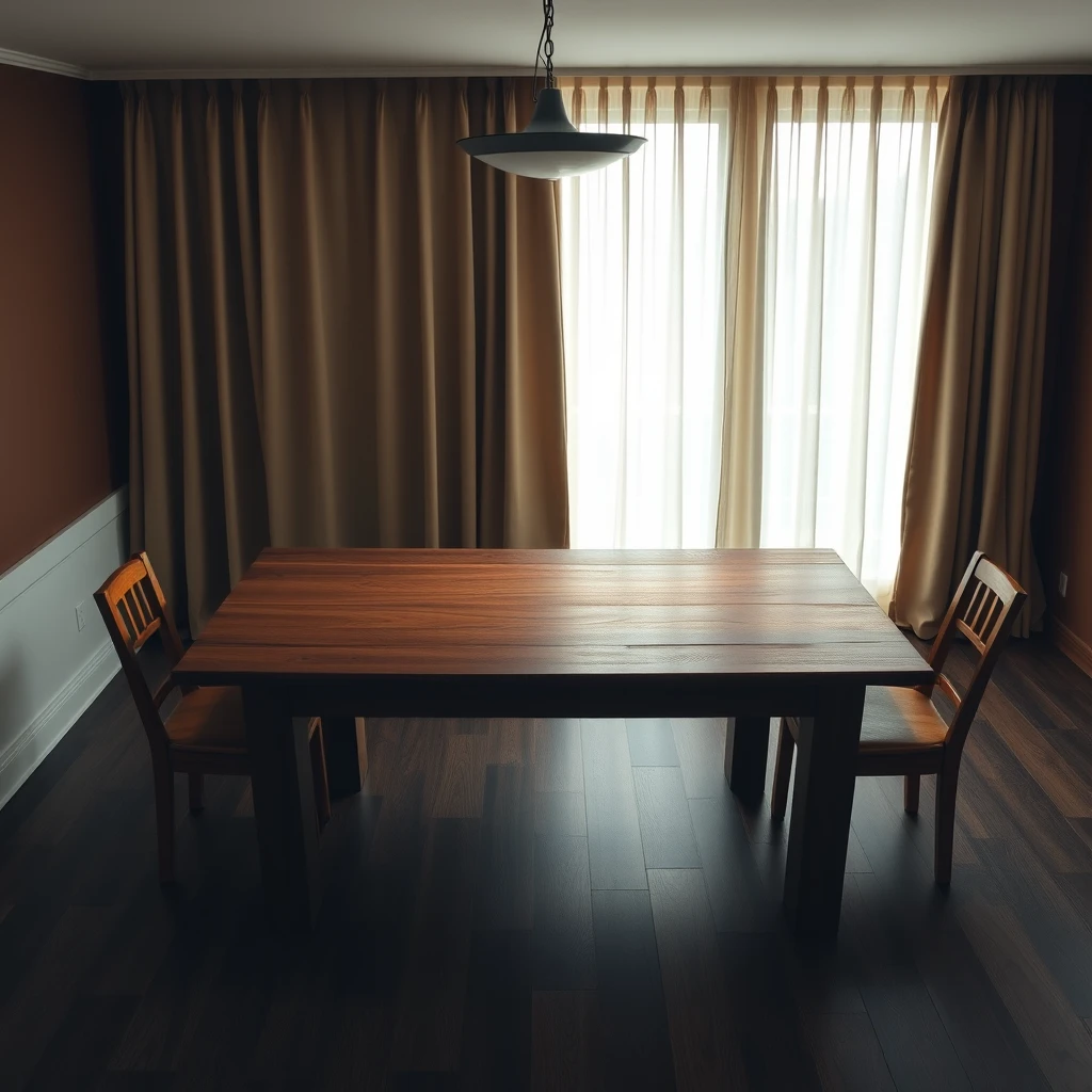 Indoor shot, solid wood dining table, large empty tabletop, beige curtains, soft light, vintage, nostalgia, dark brown, light brown background, simplicity, commercial photography, top view, Fujifilm, f/4.0, 85mm.