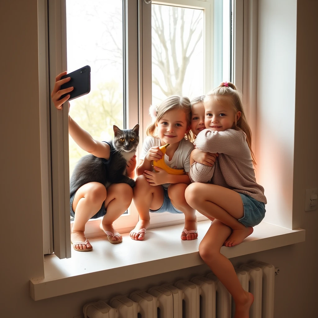 Three girls about six years old in shorts taking a selfie on a windowsill with a cat and a banana. Squatting. Russia. Hugging with their grandfather.