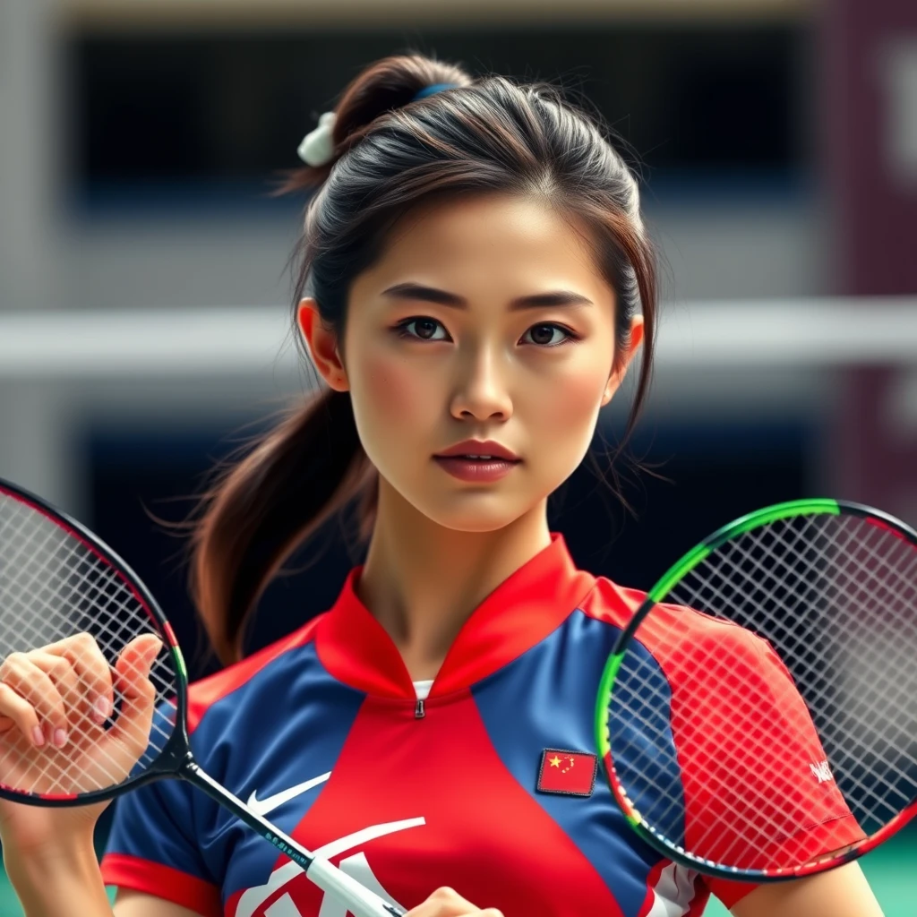 Craft an image of a stunning Chinese female badminton athlete, exuding grace and strength. Her features are striking, with sharp facial contours and captivating eyes. Dressed in her national team's vibrant colors, she stands tall on the court, racket in hand, ready to dominate with both her skills and her beauty. - Image