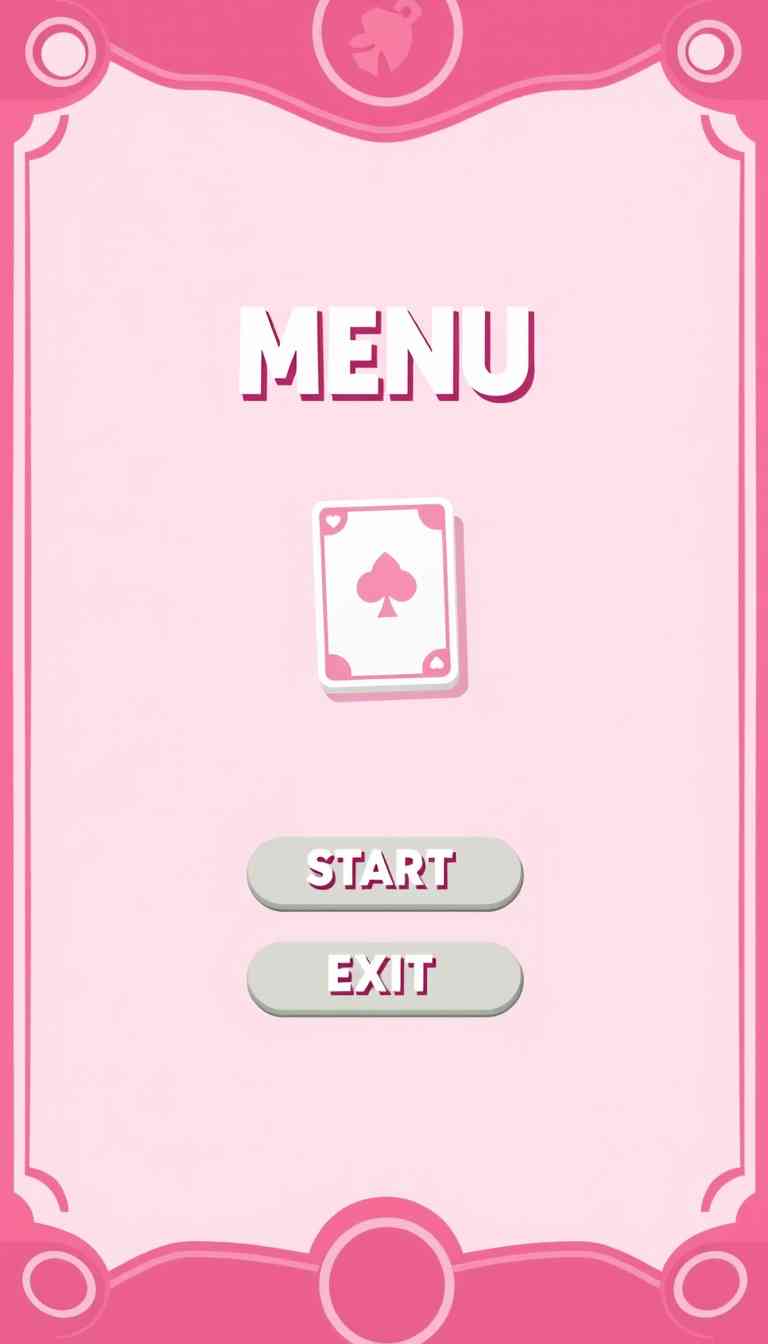 A menu screen of a 2D game, pink and white color palette, a card in the middle which will indicate the selected mode, start and exit buttons, coin count.