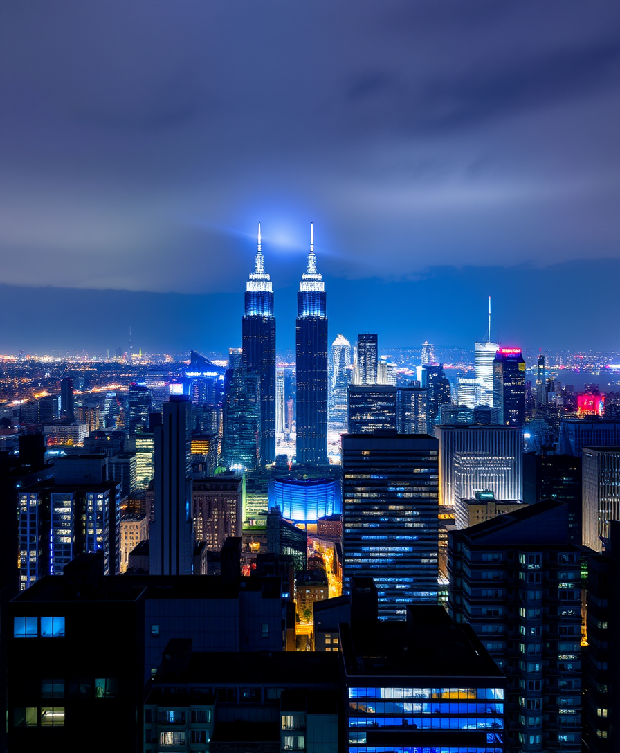 A view of buildings with blue lights at night, skyscrapers, skyline, a beautiful cityscape, a breathtaking view. - Image