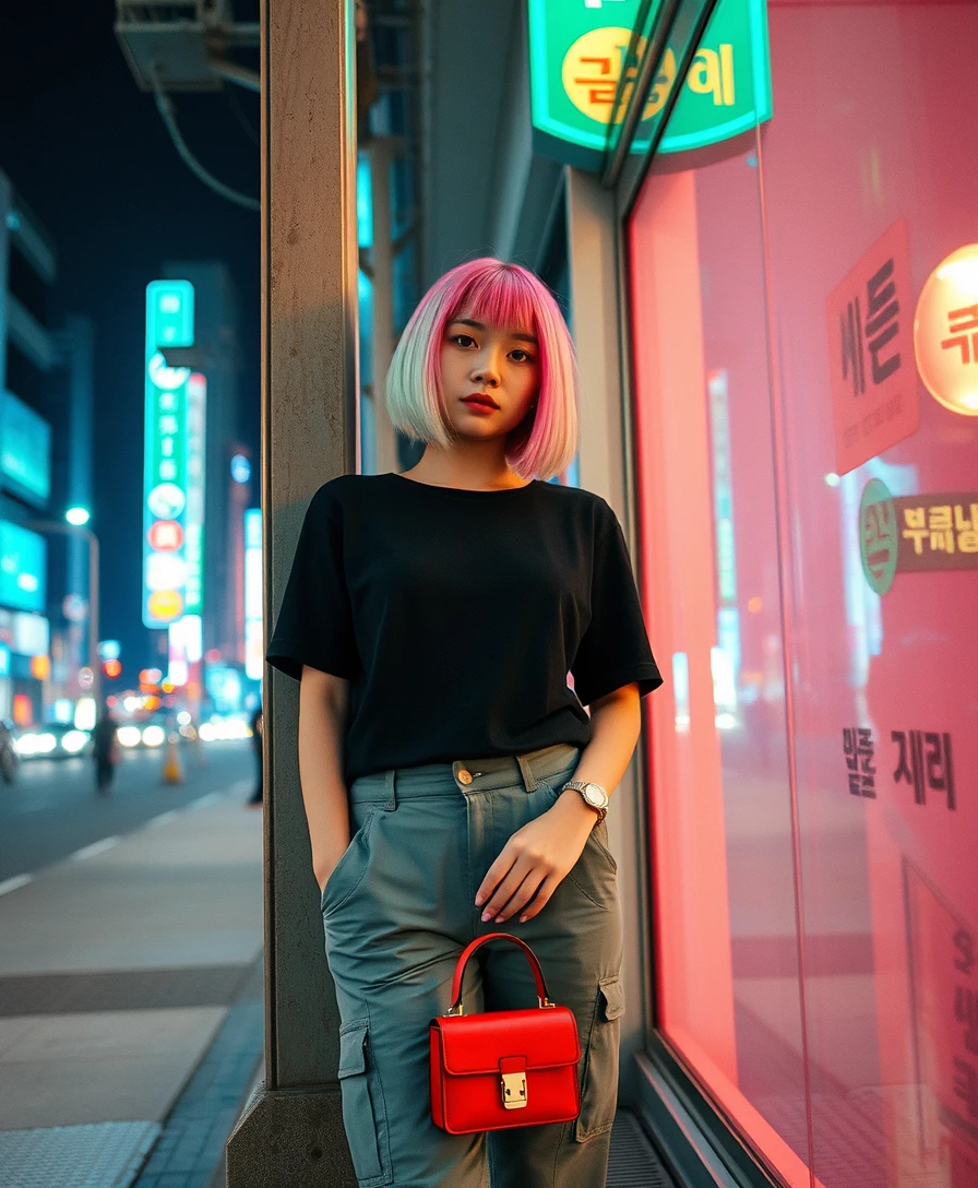 A night scene in downtown Seoul with vibrant lights illuminating the street. A woman in her 20s is leaning against the wall of a building. She has a bob cut hairstyle with the majority of her hair colored mint. However, only the roots, near the scalp, are dyed pink as if recently touched up. She is wearing a black tight t-shirt, mint anorak cargo pants, black walker heels, and holding a red mini enamel bag. The image is styled as a film still, capturing the night ambiance of Seoul. - Image