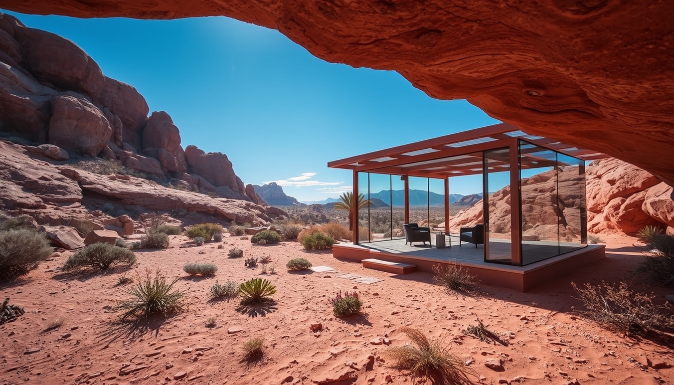 A dramatic desert landscape with a glass pavilion offering shade and shelter. - Image