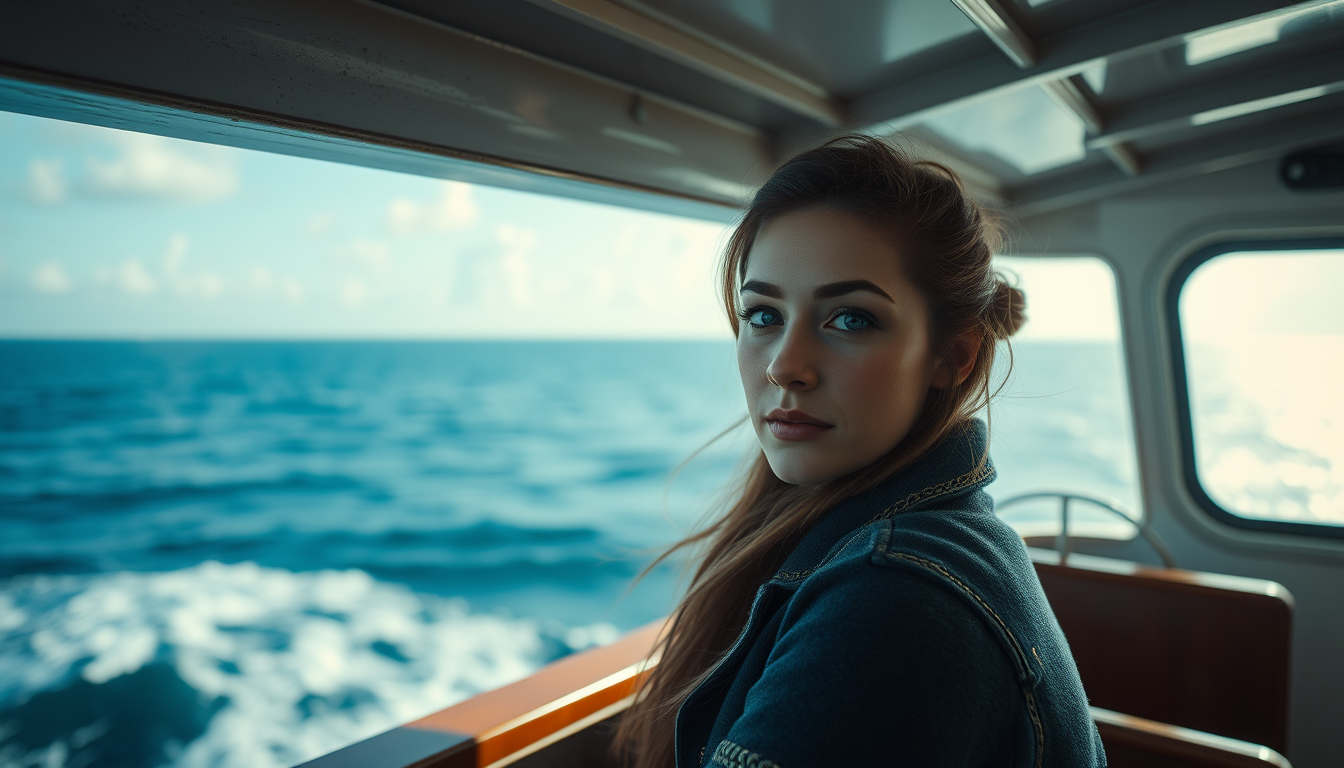 Ultra realistic photography portrait of a woman in a ship with ocean horizon, 8K cinematic, post-processing, super-resolution