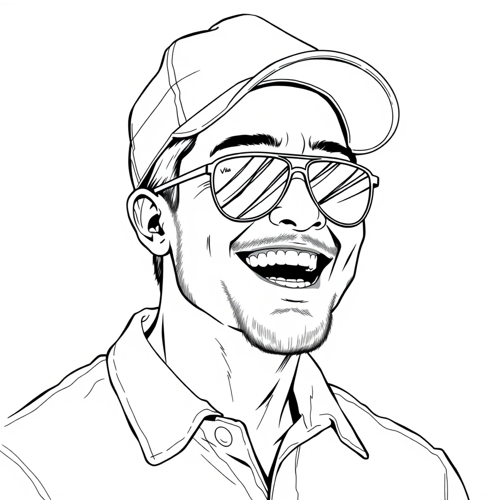 A cool black-and-white line drawing of a man around 35 years old, upper body, wearing a baseball cap, Asian, with aviator sunglasses, a bit of facial hair, rugged, in a shirt, a full face with defined features, strong physique, clean and fresh skin, laughing heartily after winning a victory.