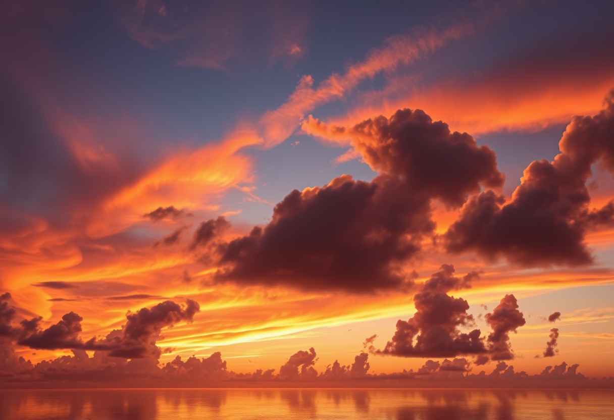 Dramatic, fiery sunset, clouds, silhouettes, high quality, photorealistic, evening sky, reflection, serene, seashells.