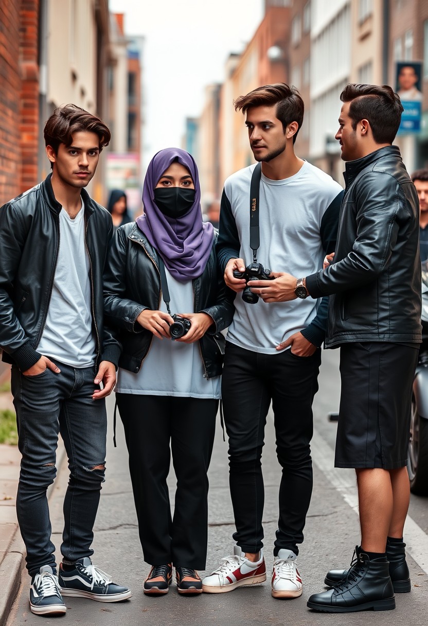 Jamie Dornan and Freddie Prinze, head and body shot, handsome, young, serious face, dark brown-haired, white T-shirt, collage jacket, skinny jeans, sneakers, standing, discussing with the two guys with a short purple hijab Muslim girl, beautiful eyes, black face mask, black leather jacket, longest black leather skirt, holding a Canon DSLR camera, near town road, superbike, hyper-realistic, street photography, brick wall, full body photo, three other random friends in the back.