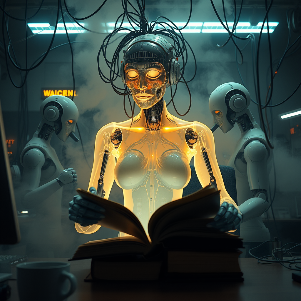 Body portrait photography, in a smoke-filled office full of cables and wires and LED lights, showcasing a carbon motor head attractive transparent white plexiglass secretary. Robots read an ancient book at her desk, viewed at an 80-degree angle, art by Sergio Lopez, Natalie Shau, James Jean, and Salvador Dali. - Image