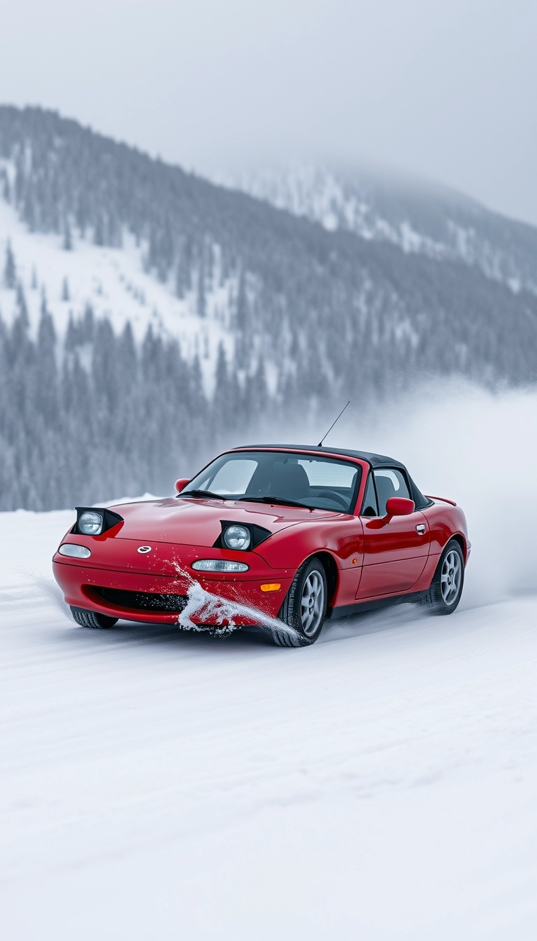 Create an image of a red 1991 Mazda MX-5 drifting on a snowy mountain.