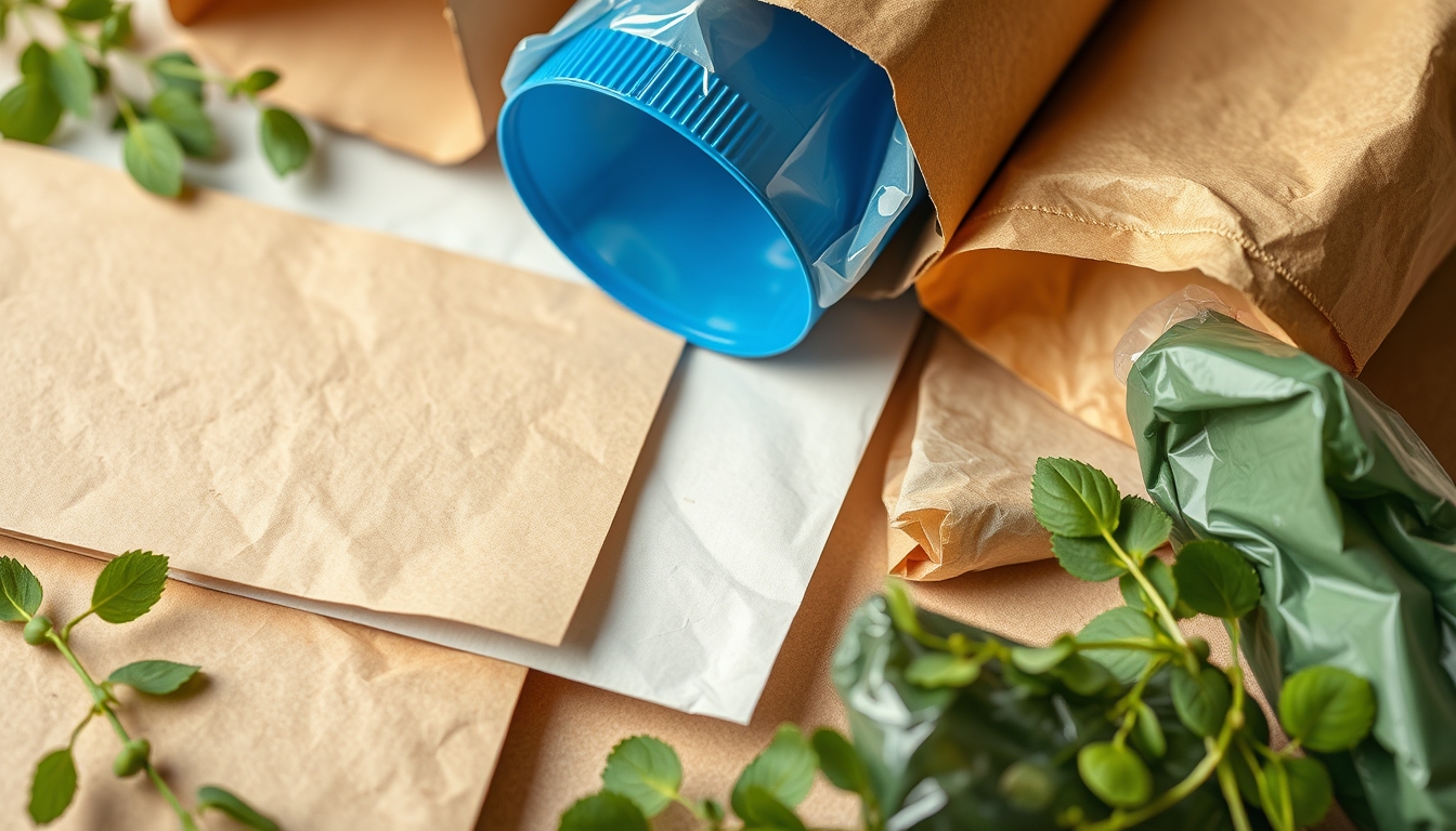 A detailed close-up of sustainable packaging materials, including cardboard, paper, and biodegradable plastics, arranged aesthetically on a neutral background.