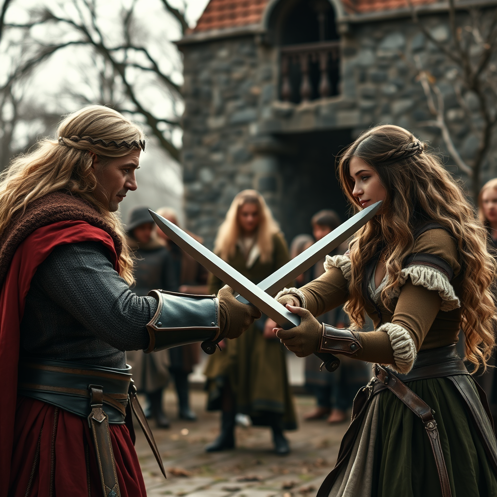 An epic fantasy scene outdoors featuring an old French noble count training two gorgeous and beautiful blonde and brunette French girls to fight. Friendly atmosphere. Cinematic view, sharp detail.